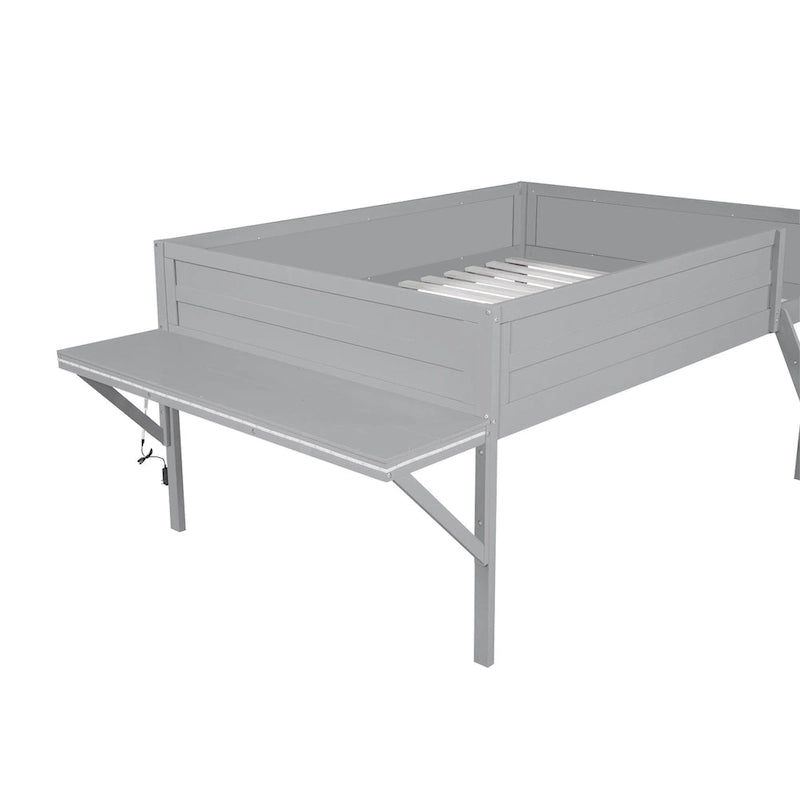 Wood Full Size Loft Bed with Desk and LED, Wooden Loft Bed Frame with Angled Ladder, No Box Spring Needed for Kids