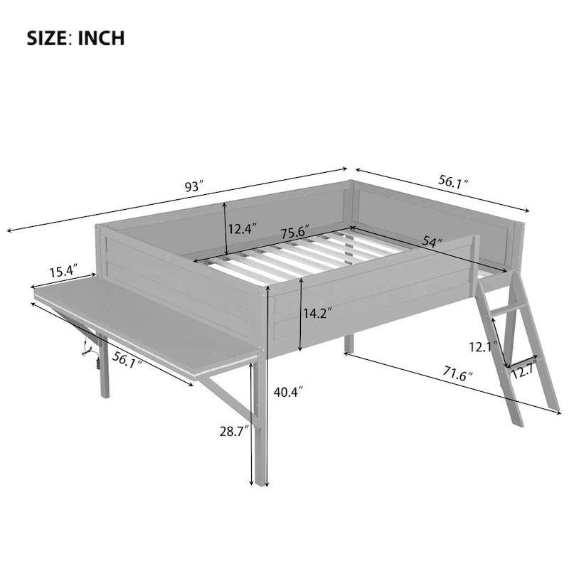 Wood Full Size Loft Bed with Desk and LED, Wooden Loft Bed Frame with Angled Ladder, No Box Spring Needed for Kids