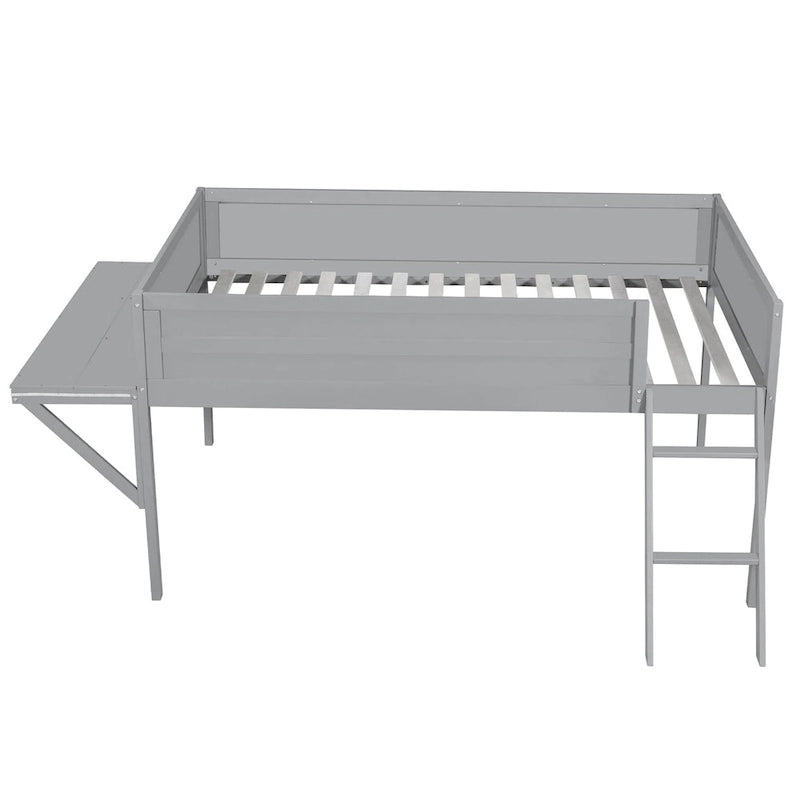 Wood Full Size Loft Bed with Desk and LED, Wooden Loft Bed Frame with Angled Ladder, No Box Spring Needed for Kids