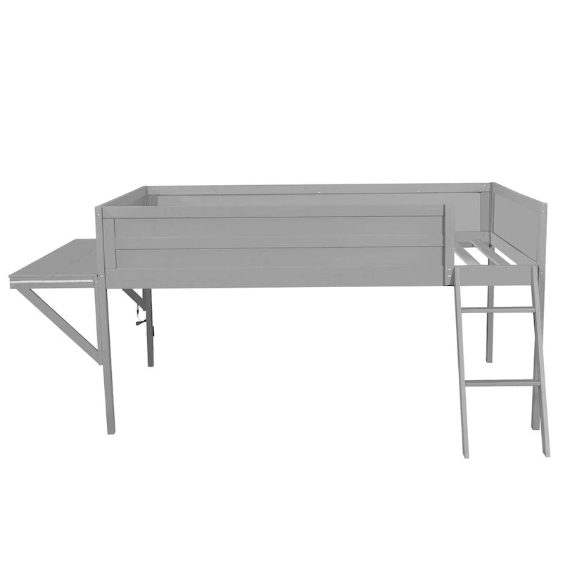 Wood Full Size Loft Bed with Desk and LED, Wooden Loft Bed Frame with Angled Ladder, No Box Spring Needed for Kids