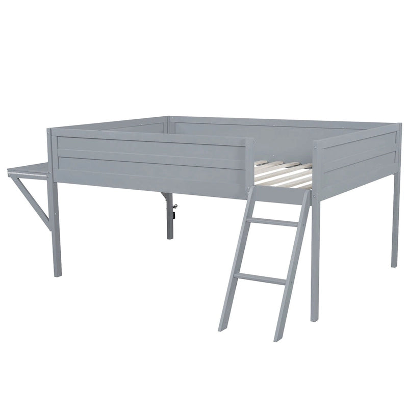 Wood Full Size Loft Bed with Desk and LED, Wooden Loft Bed Frame with Angled Ladder, No Box Spring Needed for Kids