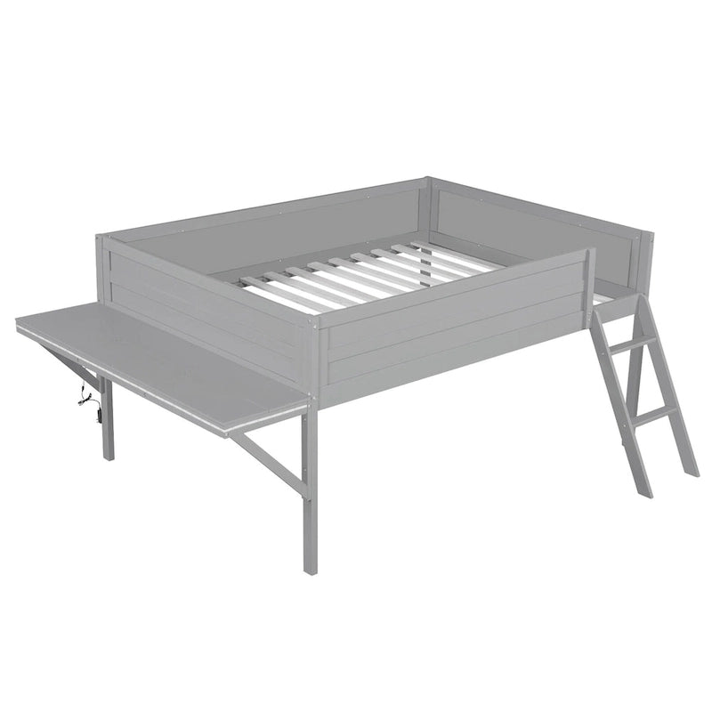 Wood Full Size Loft Bed with Desk and LED, Wooden Loft Bed Frame with Angled Ladder, No Box Spring Needed for Kids