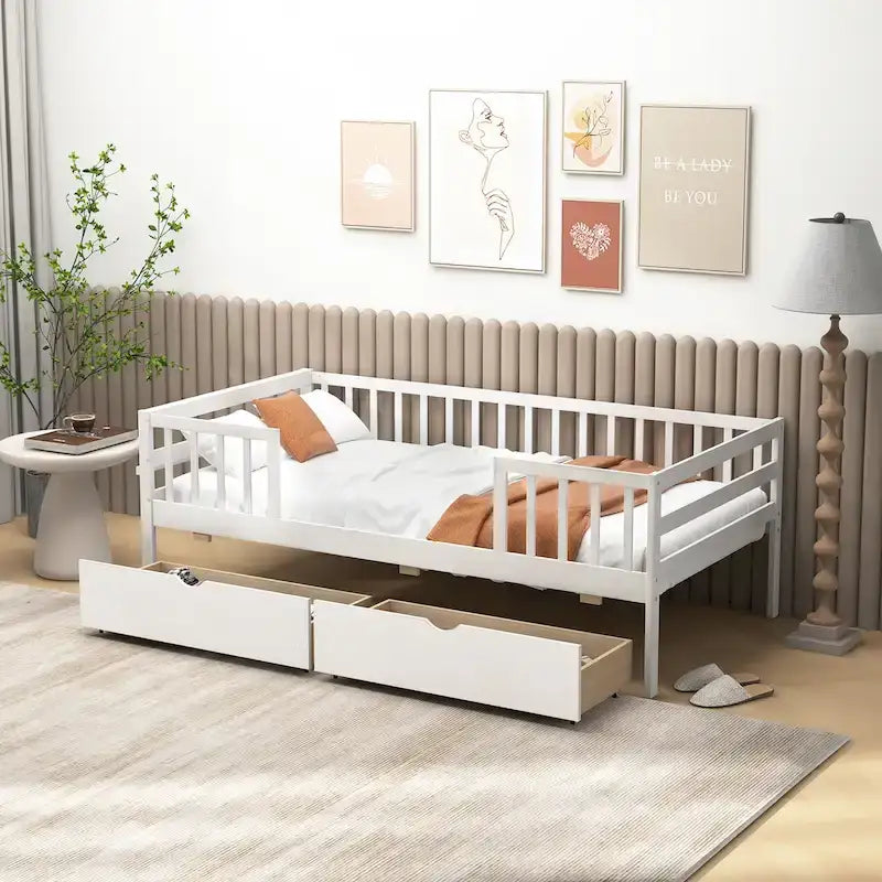 Gymax Twin Size Kids Bed w/ Storage 2 Pull-out Drawers Side Shelf for