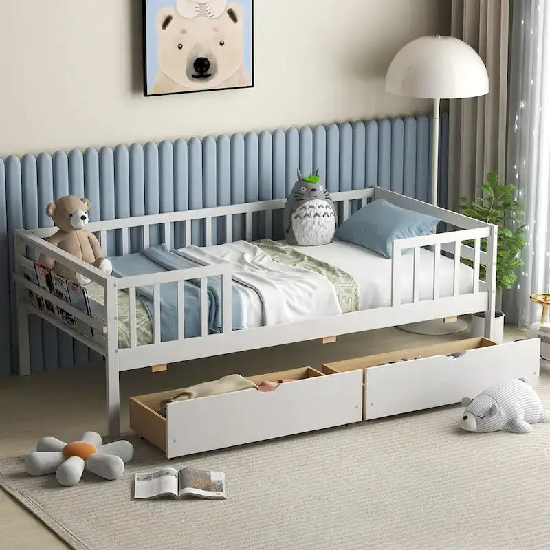 Gymax Twin Size Kids Bed w/ Storage 2 Pull-out Drawers Side Shelf for
