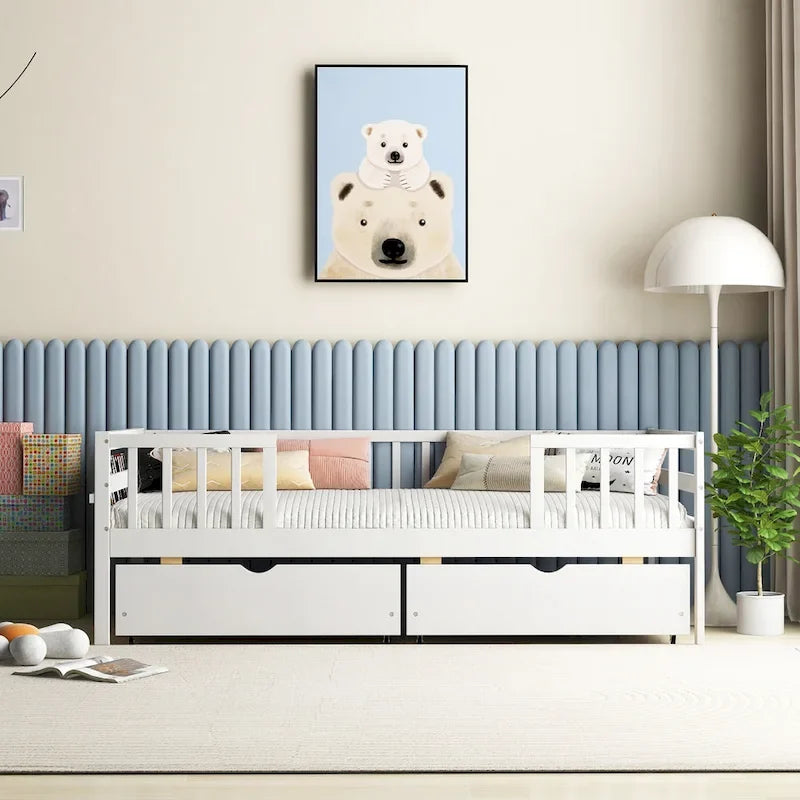 Gymax Twin Size Kids Bed w/ Storage 2 Pull-out Drawers Side Shelf for
