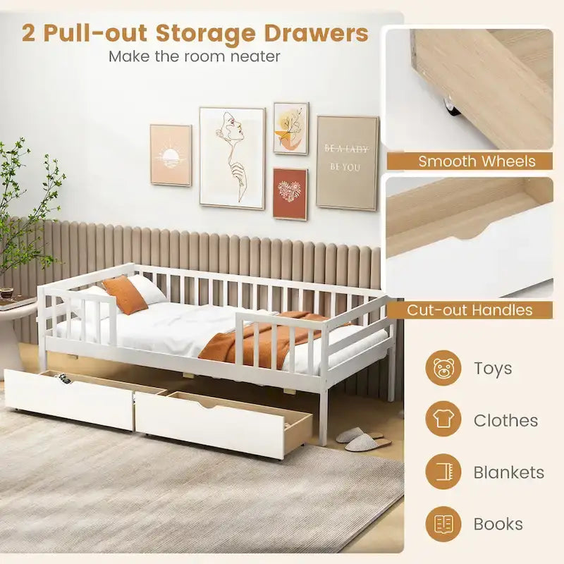 Gymax Twin Size Kids Bed w/ Storage 2 Pull-out Drawers Side Shelf for