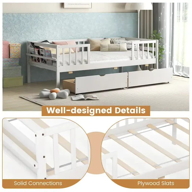 Gymax Twin Size Kids Bed w/ Storage 2 Pull-out Drawers Side Shelf for