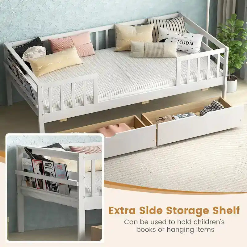 Gymax Twin Size Kids Bed w/ Storage 2 Pull-out Drawers Side Shelf for