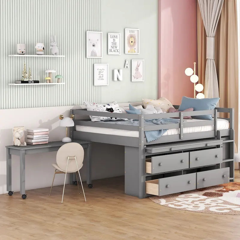 Wooden Loft Bed with Retractable Writing Desk, Lateral Portable Desk, Shelves and Drawers