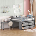 Wooden Loft Bed with Retractable Writing Desk, Lateral Portable Desk, Shelves and Drawers