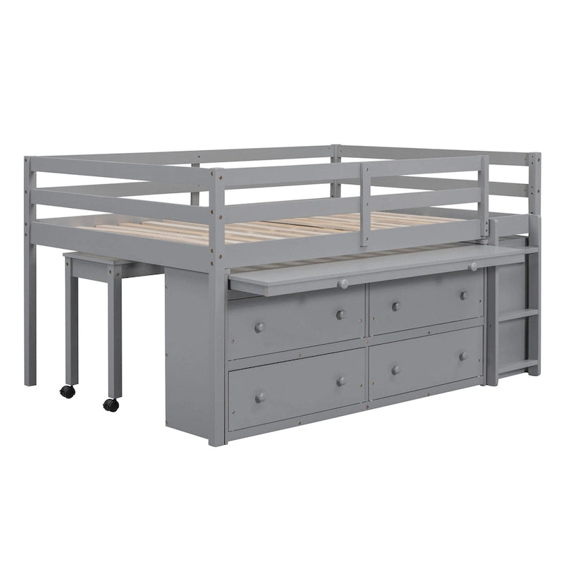Wooden Loft Bed with Retractable Writing Desk, Lateral Portable Desk, Shelves and Drawers