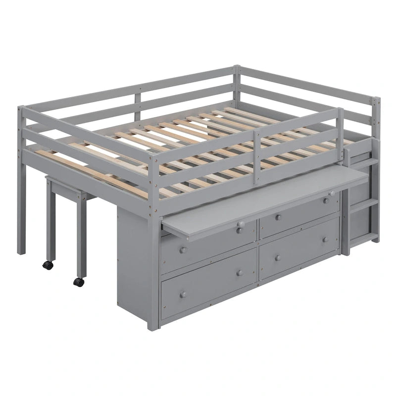 Wooden Loft Bed with Retractable Writing Desk, Lateral Portable Desk, Shelves and Drawers