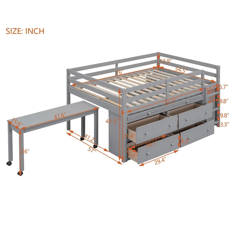 Wooden Loft Bed with Retractable Writing Desk, Lateral Portable Desk, Shelves and Drawers