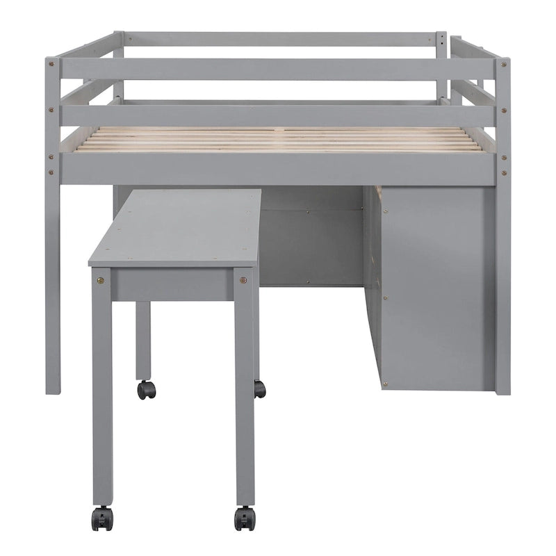 Wooden Loft Bed with Retractable Writing Desk, Lateral Portable Desk, Shelves and Drawers