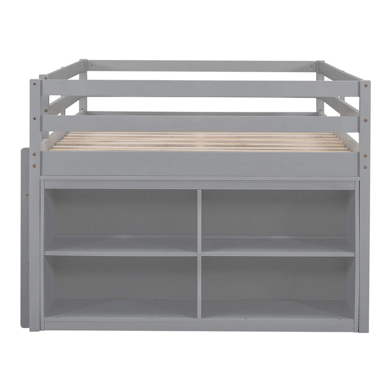 Wooden Loft Bed with Retractable Writing Desk, Lateral Portable Desk, Shelves and Drawers