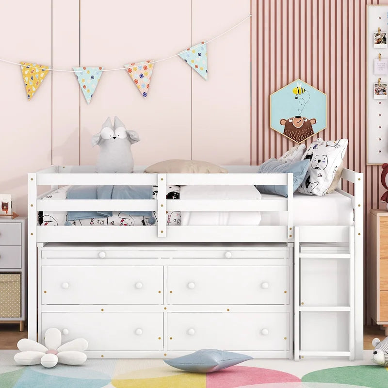 Wooden Loft Bed with Retractable Writing Desk, Lateral Portable Desk, Shelves and Drawers