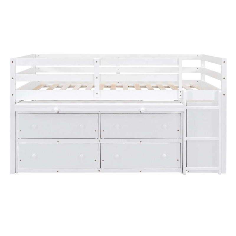 Wooden Loft Bed with Retractable Writing Desk, Lateral Portable Desk, Shelves and Drawers