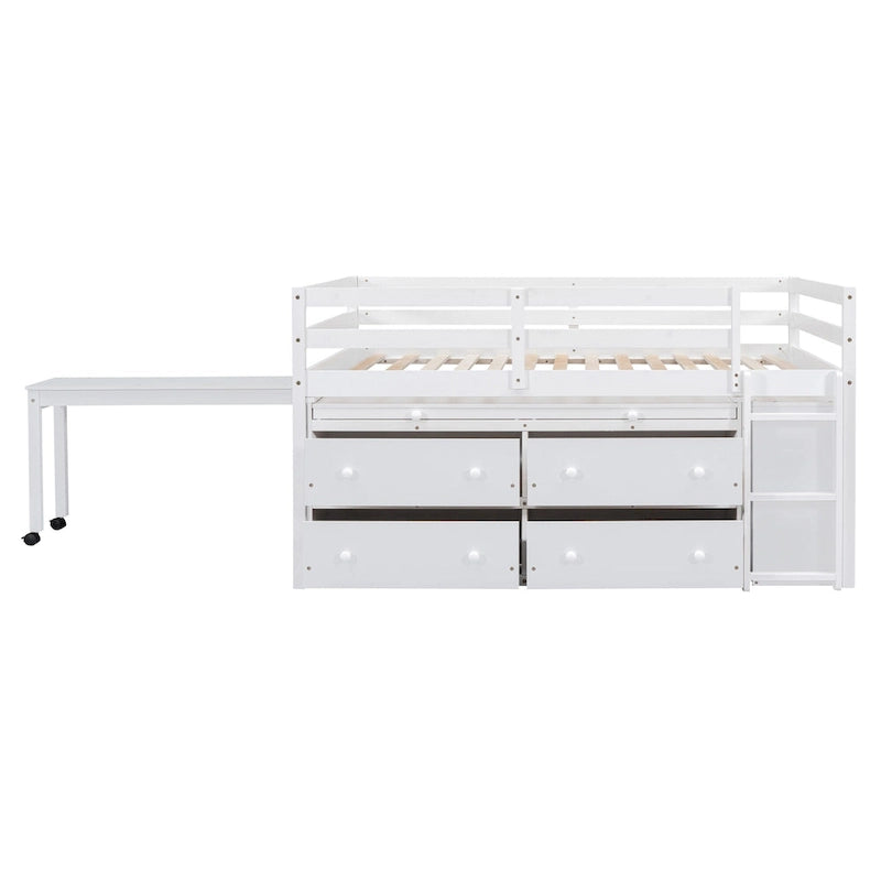 Wooden Loft Bed with Retractable Writing Desk, Lateral Portable Desk, Shelves and Drawers