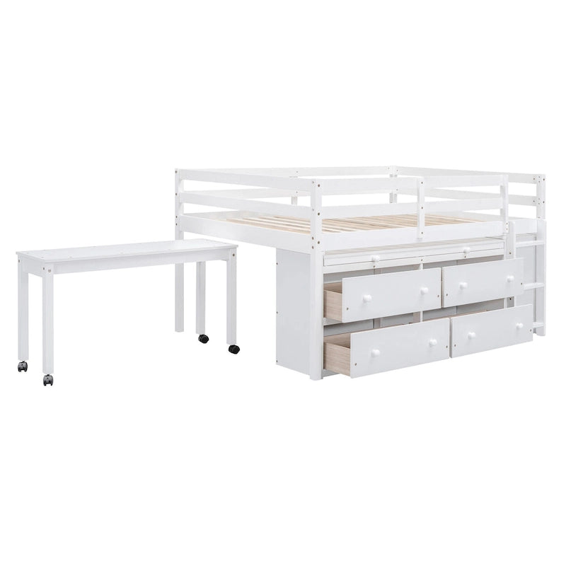 Wooden Loft Bed with Retractable Writing Desk, Lateral Portable Desk, Shelves and Drawers