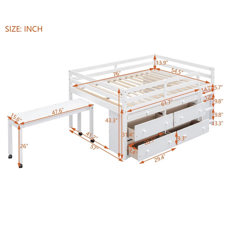 Wooden Loft Bed with Retractable Writing Desk, Lateral Portable Desk, Shelves and Drawers