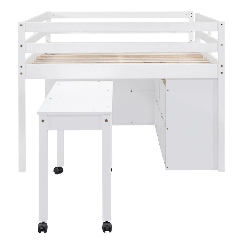 Wooden Loft Bed with Retractable Writing Desk, Lateral Portable Desk, Shelves and Drawers