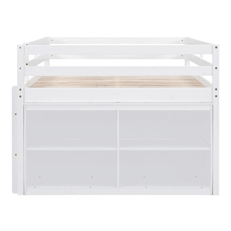 Wooden Loft Bed with Retractable Writing Desk, Lateral Portable Desk, Shelves and Drawers