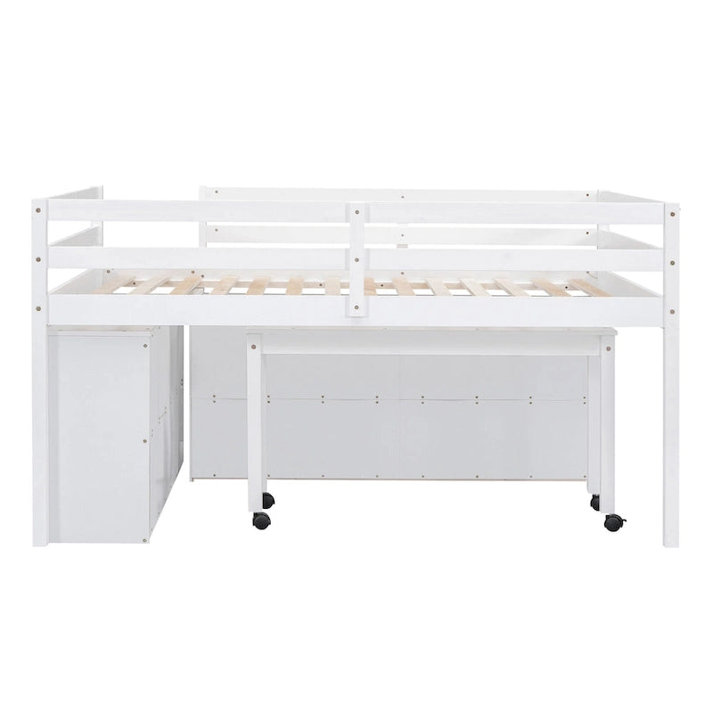 Wooden Loft Bed with Retractable Writing Desk, Lateral Portable Desk, Shelves and Drawers