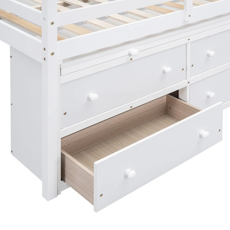 Wooden Loft Bed with Retractable Writing Desk, Lateral Portable Desk, Shelves and Drawers