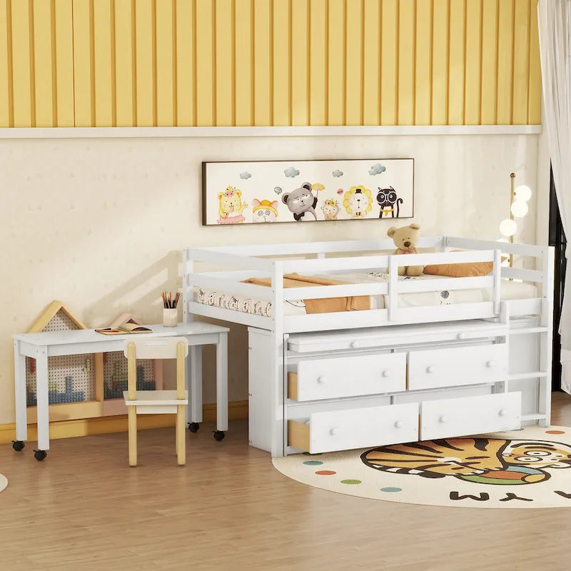 Wooden Loft Bed with Retractable Writing Desk, Lateral Portable Desk, Shelves and Drawers