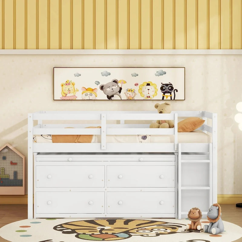 Wooden Loft Bed with Retractable Writing Desk, Lateral Portable Desk, Shelves and Drawers