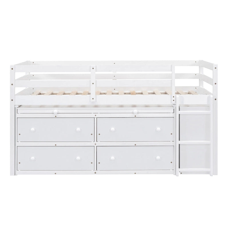 Wooden Loft Bed with Retractable Writing Desk, Lateral Portable Desk, Shelves and Drawers