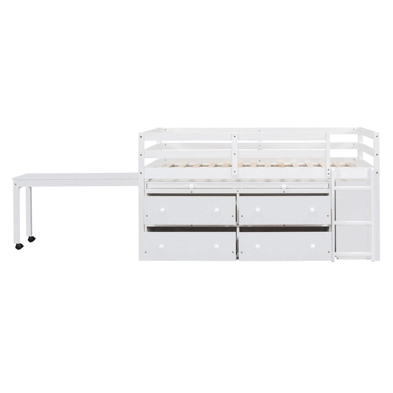 Wooden Loft Bed with Retractable Writing Desk, Lateral Portable Desk, Shelves and Drawers