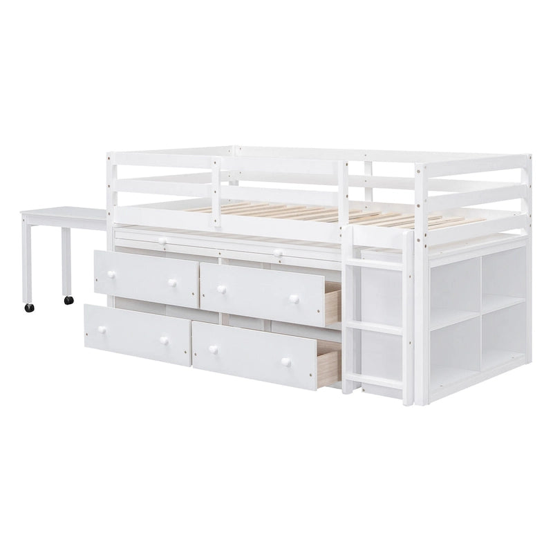 Wooden Loft Bed with Retractable Writing Desk, Lateral Portable Desk, Shelves and Drawers