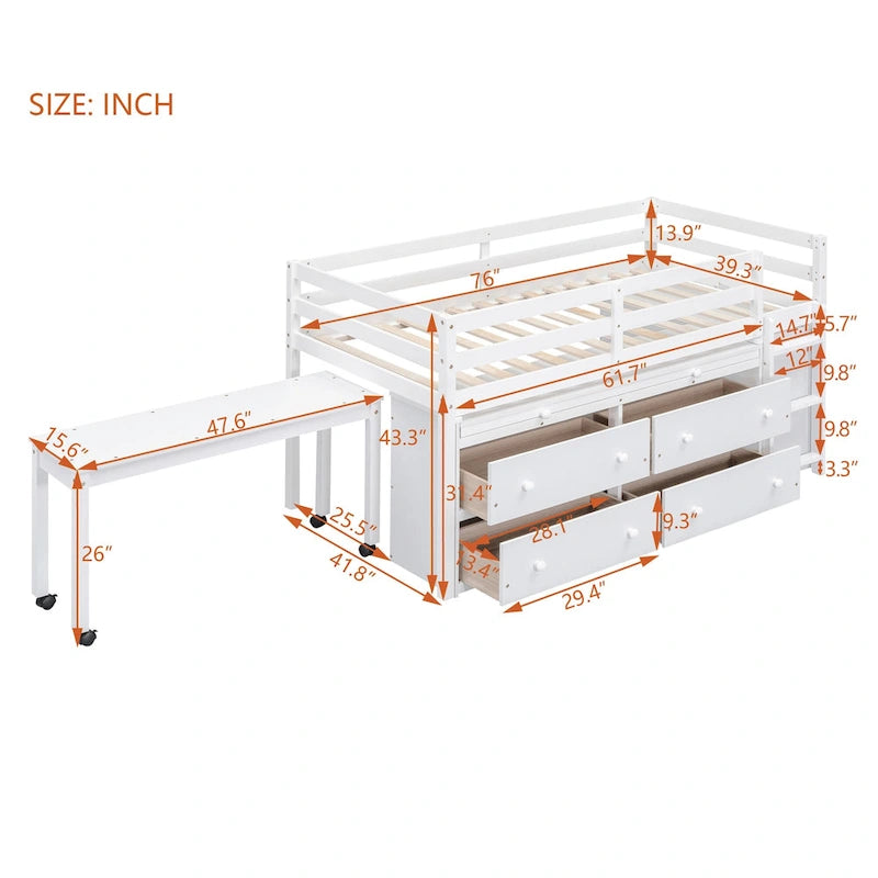 Wooden Loft Bed with Retractable Writing Desk, Lateral Portable Desk, Shelves and Drawers