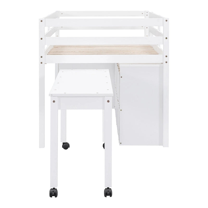 Wooden Loft Bed with Retractable Writing Desk, Lateral Portable Desk, Shelves and Drawers