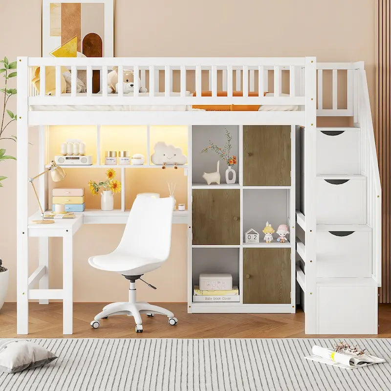 Solid Wood Twin Size Loft Bed w/ Built-in Desk, High LED Loft Bed w/Storage Shelves, Cabinets & Staircase, Full-Length Guardrail