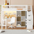 Solid Wood Twin Size Loft Bed w/ Built-in Desk, High LED Loft Bed w/Storage Shelves, Cabinets & Staircase, Full-Length Guardrail