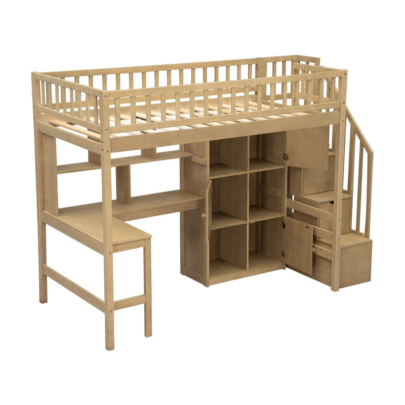 Solid Wood Twin Size Loft Bed w/ Built-in Desk, High LED Loft Bed w/Storage Shelves, Cabinets & Staircase, Full-Length Guardrail