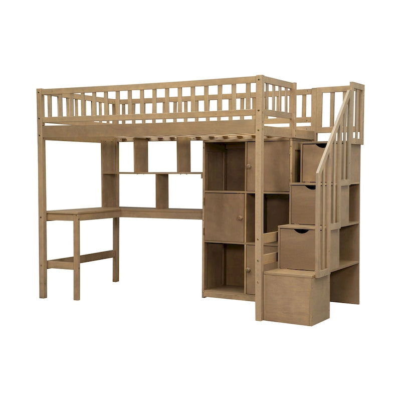 Solid Wood Twin Size Loft Bed w/ Built-in Desk, High LED Loft Bed w/Storage Shelves, Cabinets & Staircase, Full-Length Guardrail