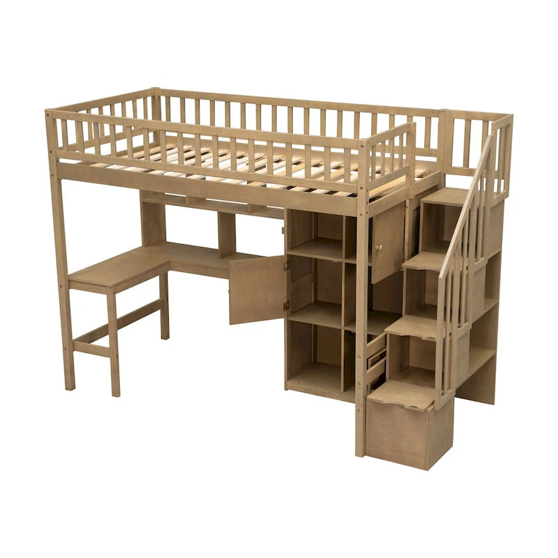 Solid Wood Twin Size Loft Bed w/ Built-in Desk, High LED Loft Bed w/Storage Shelves, Cabinets & Staircase, Full-Length Guardrail