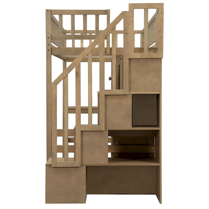 Solid Wood Twin Size Loft Bed w/ Built-in Desk, High LED Loft Bed w/Storage Shelves, Cabinets & Staircase, Full-Length Guardrail