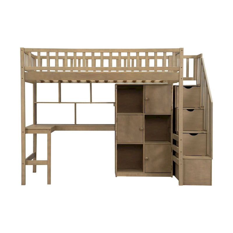 Solid Wood Twin Size Loft Bed w/ Built-in Desk, High LED Loft Bed w/Storage Shelves, Cabinets & Staircase, Full-Length Guardrail