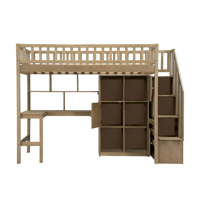 Solid Wood Twin Size Loft Bed w/ Built-in Desk, High LED Loft Bed w/Storage Shelves, Cabinets & Staircase, Full-Length Guardrail