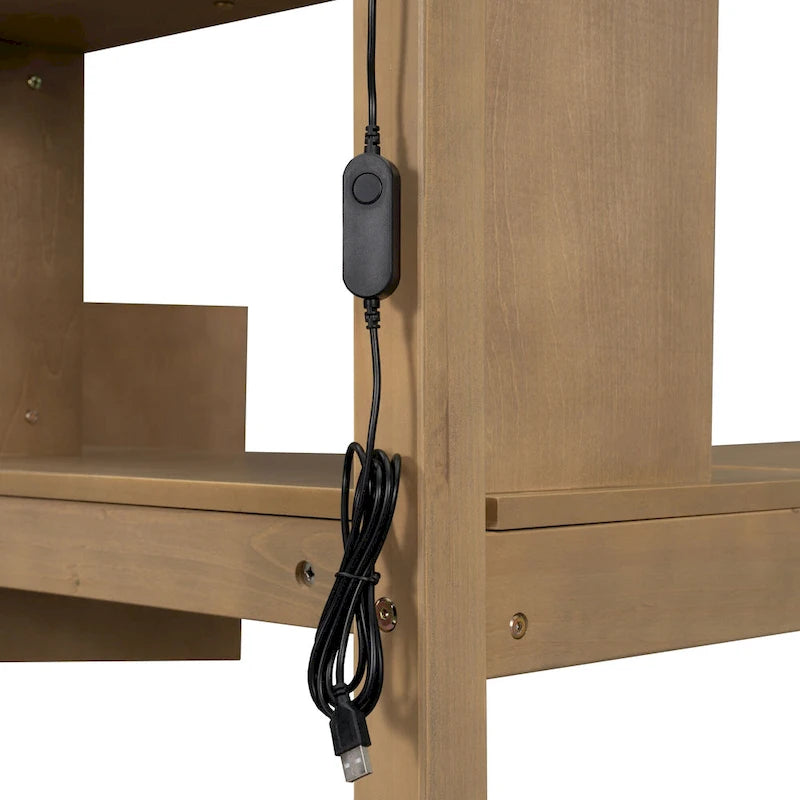 Solid Wood Twin Size Loft Bed w/ Built-in Desk, High LED Loft Bed w/Storage Shelves, Cabinets & Staircase, Full-Length Guardrail