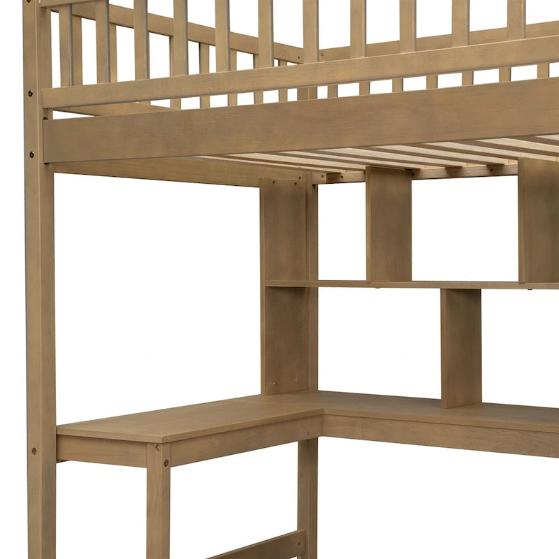 Solid Wood Twin Size Loft Bed w/ Built-in Desk, High LED Loft Bed w/Storage Shelves, Cabinets & Staircase, Full-Length Guardrail