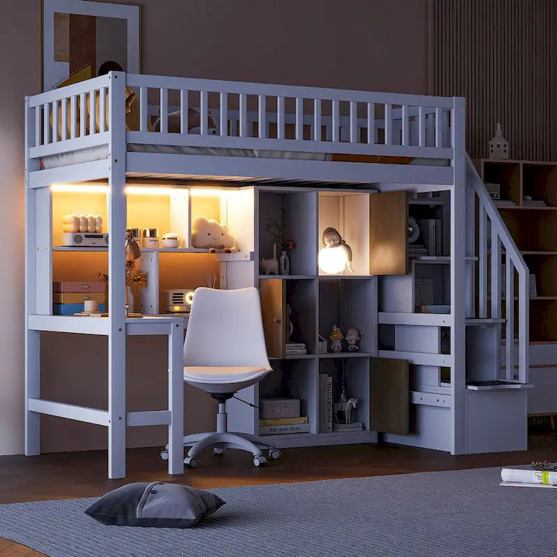 Solid Wood Twin Size Loft Bed w/ Built-in Desk, High LED Loft Bed w/Storage Shelves, Cabinets & Staircase, Full-Length Guardrail