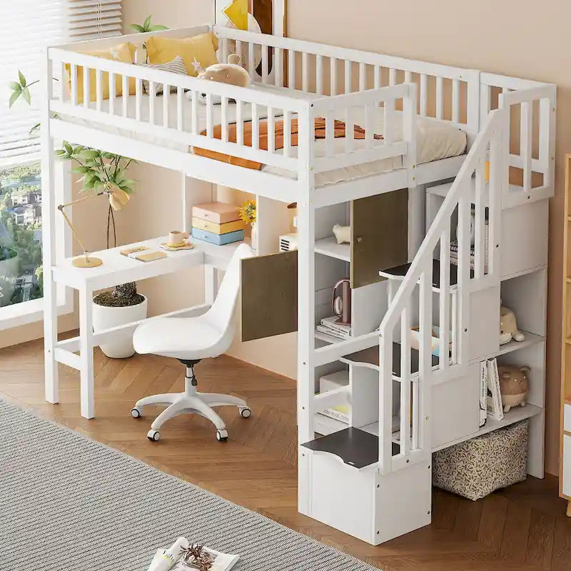 Solid Wood Twin Size Loft Bed w/ Built-in Desk, High LED Loft Bed w/Storage Shelves, Cabinets & Staircase, Full-Length Guardrail