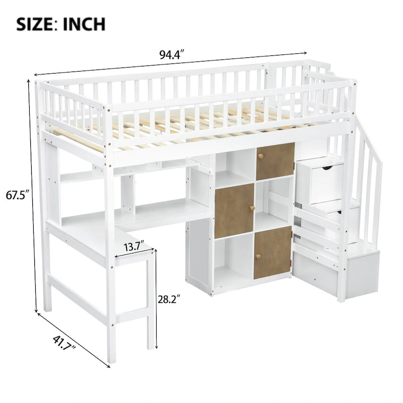 Solid Wood Twin Size Loft Bed w/ Built-in Desk, High LED Loft Bed w/Storage Shelves, Cabinets & Staircase, Full-Length Guardrail