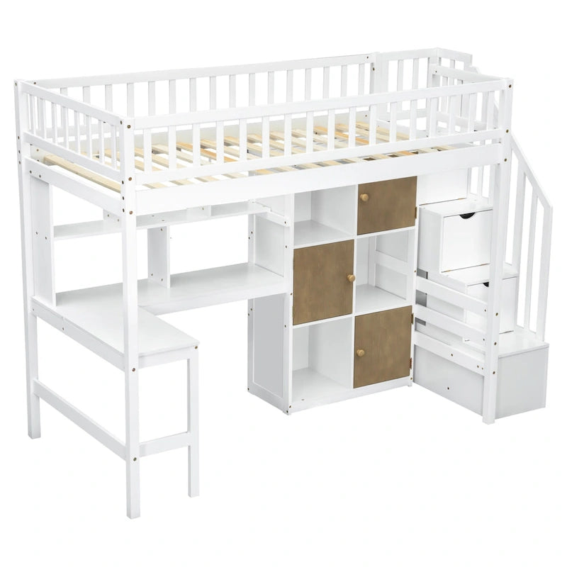 Solid Wood Twin Size Loft Bed w/ Built-in Desk, High LED Loft Bed w/Storage Shelves, Cabinets & Staircase, Full-Length Guardrail