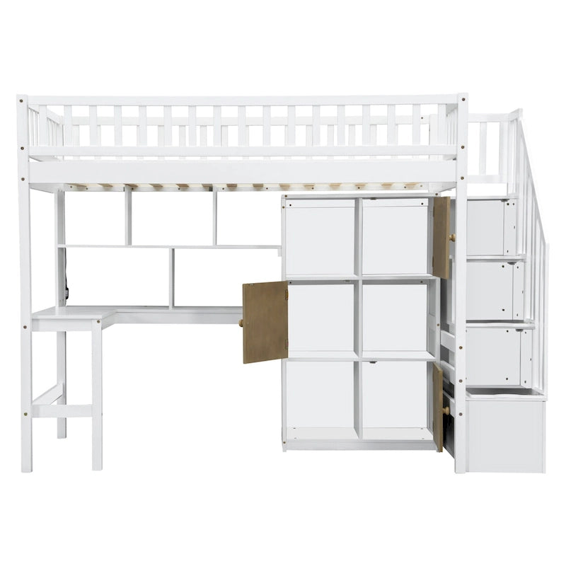 Solid Wood Twin Size Loft Bed w/ Built-in Desk, High LED Loft Bed w/Storage Shelves, Cabinets & Staircase, Full-Length Guardrail